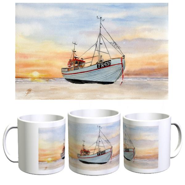 Cup Coffee Cup Mug  Fishing boat in the sunset Watercolor Maritime Art Print North Sea dunes beach denmark seagull